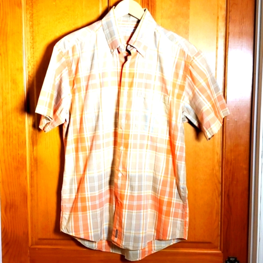 ALEX CANNON M ORANGE PLAID SHORT-SLEEVED BUTTON UP